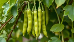Close-up of vibrant green snaparino bean pods hanging on climbing vines with healthy foliage, morning dew drops visible, showing perfect harvest-stage maturity and crisp texture