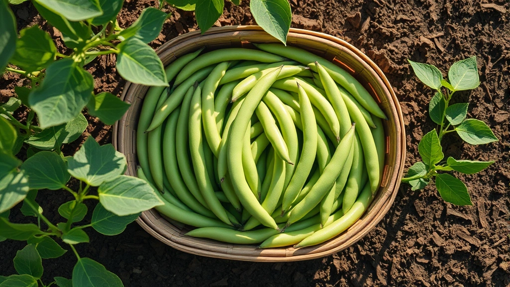 Overhead view of freshly harvested snaparino beans in a wooden basket surrounded by garden soil, with green bean plant foliage and morning sunlight creating natural shadows