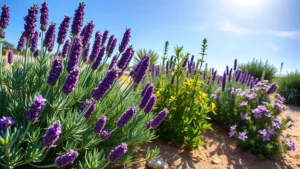 Mediterranean herb garden in full sun with lavender, rosemary, and catmint flourishing under intense sunlight, dry sandy soil, blue sky, vibrant purple and green foliage