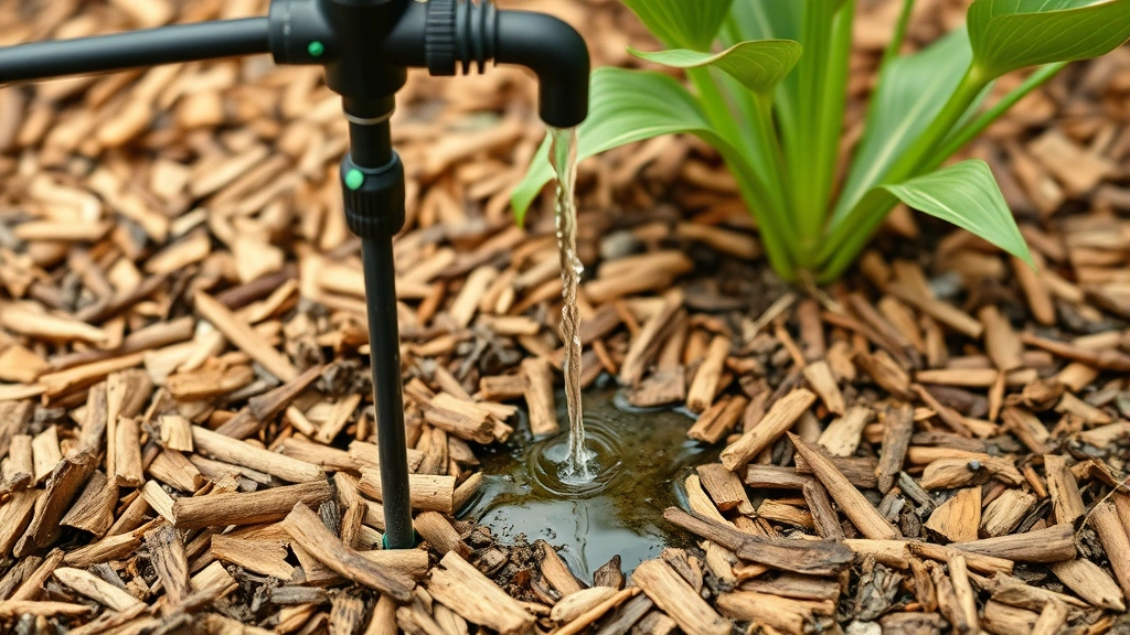 Drip irrigation system delivering water to south-facing garden bed mulched with wood chips, close-up of water droplets on soil and plant roots