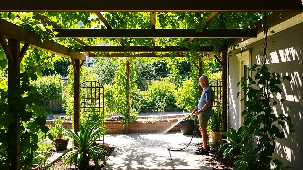 Pergola structure casting dappled afternoon shade across south garden with shade-tolerant plants beneath, climbing vines on trellis, person watering plants with hose