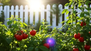 Lush south-facing garden bed with thriving tomato plants, peppers, and basil under intense afternoon sunlight, white fence reflecting light in background, vibrant green foliage and ripe red tomatoes visible