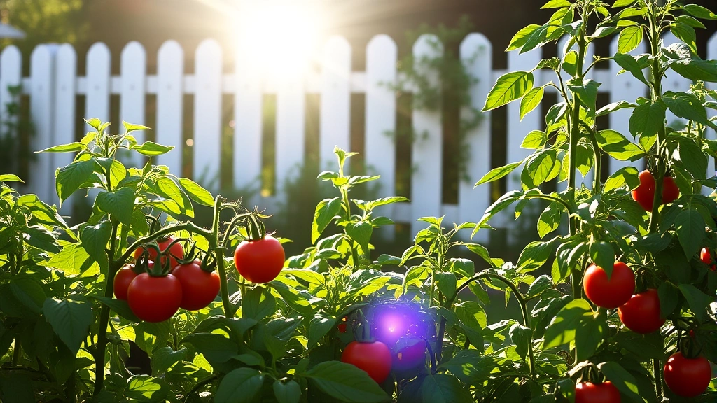 Lush south-facing garden bed with thriving tomato plants, peppers, and basil under intense afternoon sunlight, white fence reflecting light in background, vibrant green foliage and ripe red tomatoes visible