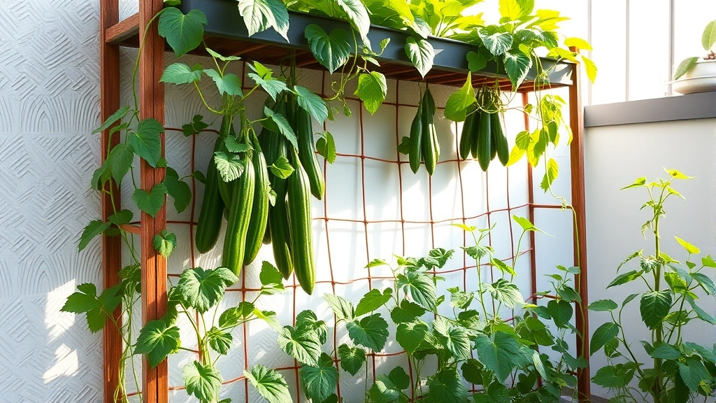 Vertical garden structure with climbing beans and cucumbers on trellis against white wall, morning light streaming through plants, multiple growing surfaces stacked efficiently in limited space