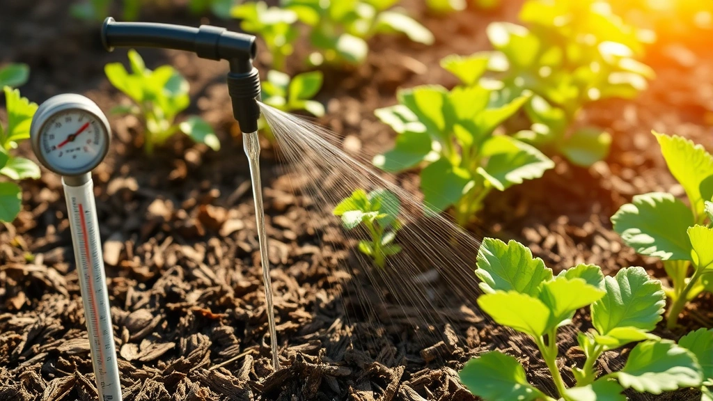 Garden watering scene showing drip irrigation system delivering water to sun-exposed vegetable bed, thick organic mulch visible, thermometer showing high temperature, healthy plant growth despite intense light