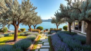 Serene Mediterranean-style garden with limestone pathways, silvery olive trees, and cascading lavender plants overlooking calm water, soft afternoon light, resort aesthetic