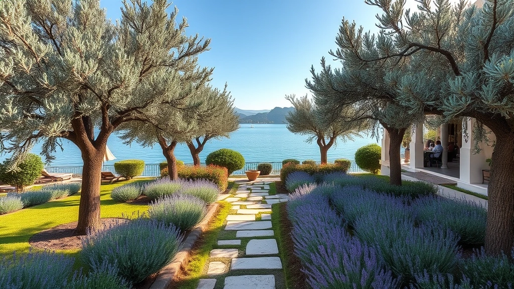 Serene Mediterranean-style garden with limestone pathways, silvery olive trees, and cascading lavender plants overlooking calm water, soft afternoon light, resort aesthetic