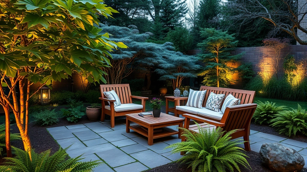 Elegant garden seating area with teak furniture positioned among Japanese maples and ferns, stone patio, soft garden lighting at dusk, peaceful ambiance