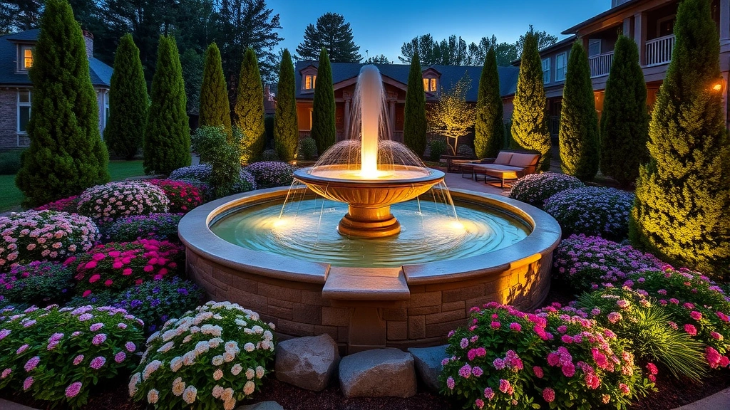 Luxurious water fountain feature surrounded by flowering perennials and evergreen topiaries, warm uplighting at twilight, sophisticated hardscaping, tranquil spa-resort style