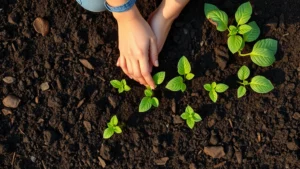 Overhead view of gardener's hands planting seedlings in rich, dark garden soil amended with compost, spring morning light