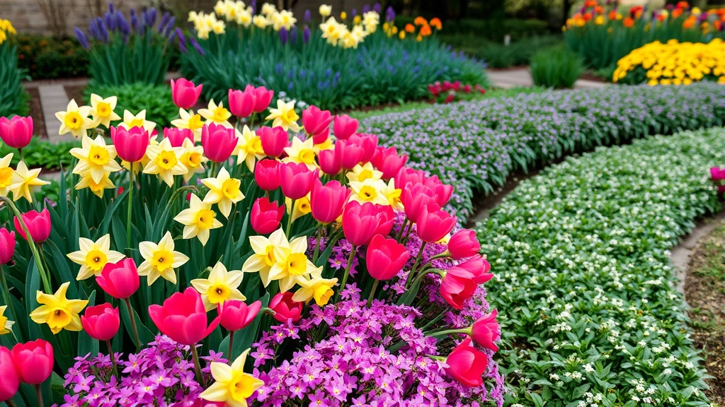 Vibrant spring flower border featuring daffodils, tulips, and creeping phlox in full bloom with garden beds behind
