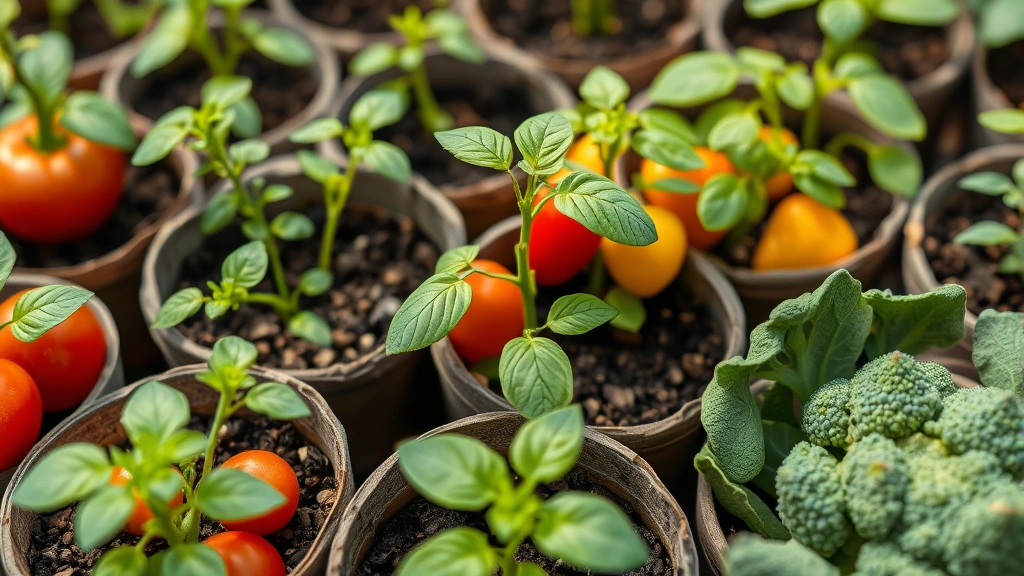 Close-up of healthy green vegetable seedlings—tomatoes, peppers, and broccoli—in biodegradable pots ready for transplanting