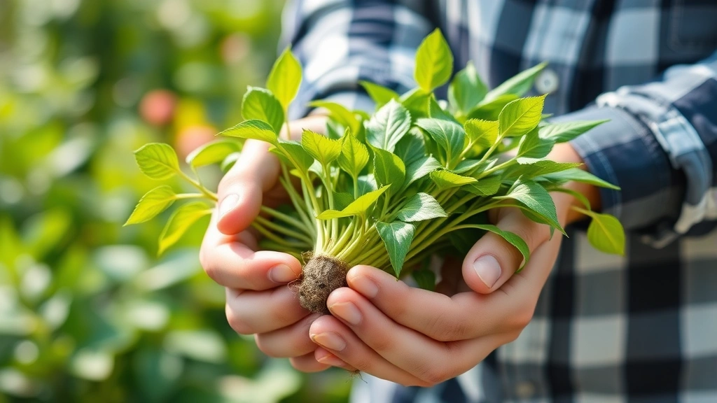Close-up of gardener's hands holding fresh green softwood plant cuttings with leaves, ready for propagation in a bright garden setting with blurred green foliage background
