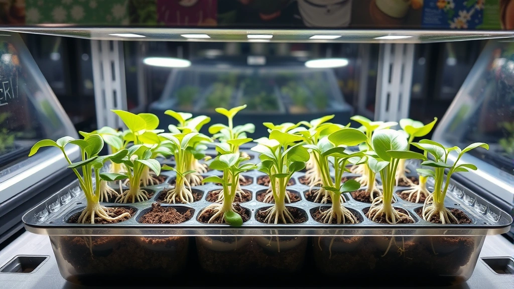 Propagation tray with multiple small plant cuttings developing white roots in clear rooting medium under humidity dome and grow lights, showing healthy root development