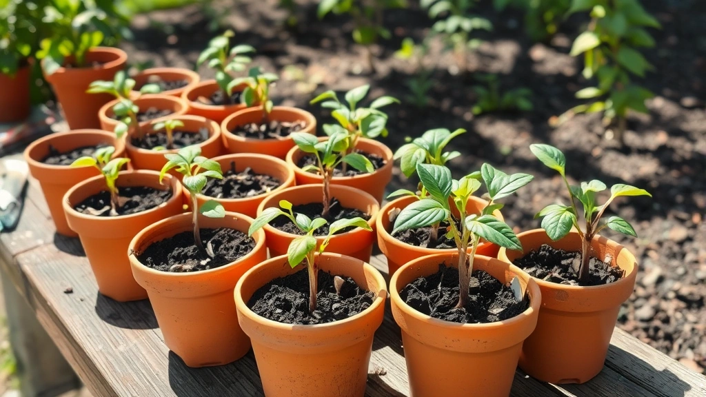 Hardened off young rooted plants in small terracotta pots arranged on garden bench in dappled sunlight, ready for transplanting into garden beds with soil and mulch visible