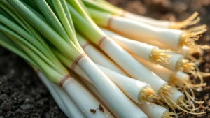 Close-up of fresh spring onions with white bases and green tops being harvested from moist garden soil, morning light, water droplets visible