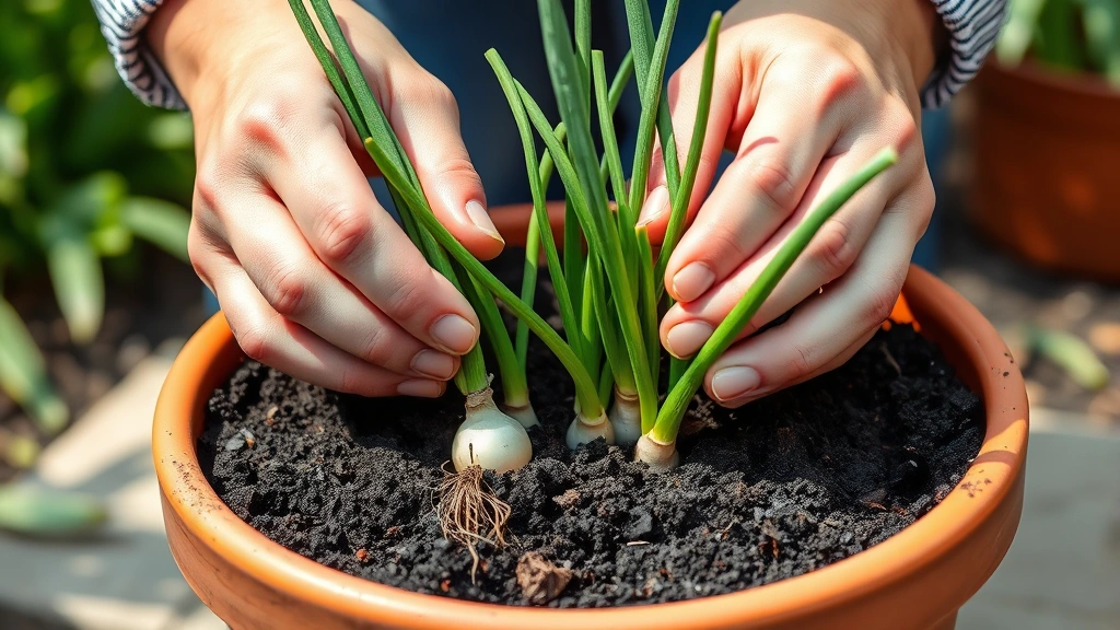 Hands planting spring onion sets in rich dark potting soil in a terra cotta container, sunlit outdoor setting, shallow focus on roots