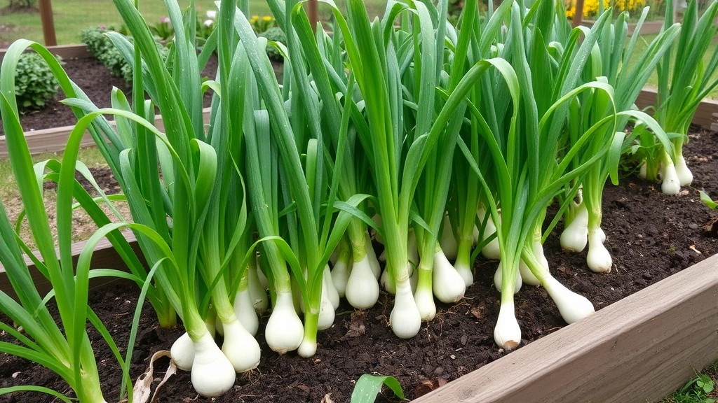 Mature spring onions in raised garden bed with green foliage fully developed, ready for harvest, morning dew, natural garden background
