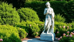 Marble classical statue positioned in a lush garden setting surrounded by green shrubs and flowering perennials, afternoon light creating shadows on the stone surface, photorealistic