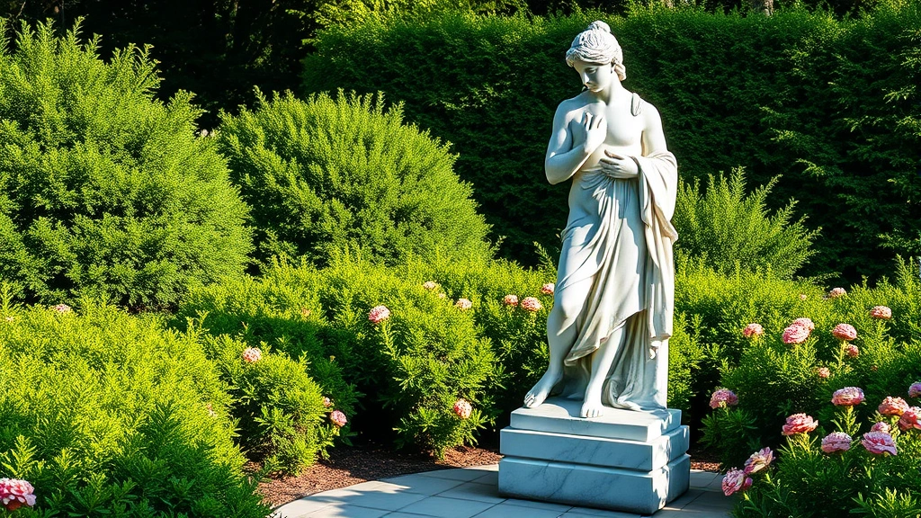 Marble classical statue positioned in a lush garden setting surrounded by green shrubs and flowering perennials, afternoon light creating shadows on the stone surface, photorealistic