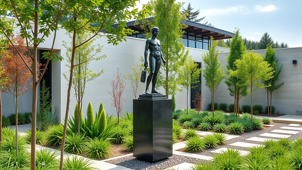 Modern bronze statue on stone pedestal in contemporary garden with minimalist plantings, clean sight lines, architectural hardscaping visible, photorealistic garden design
