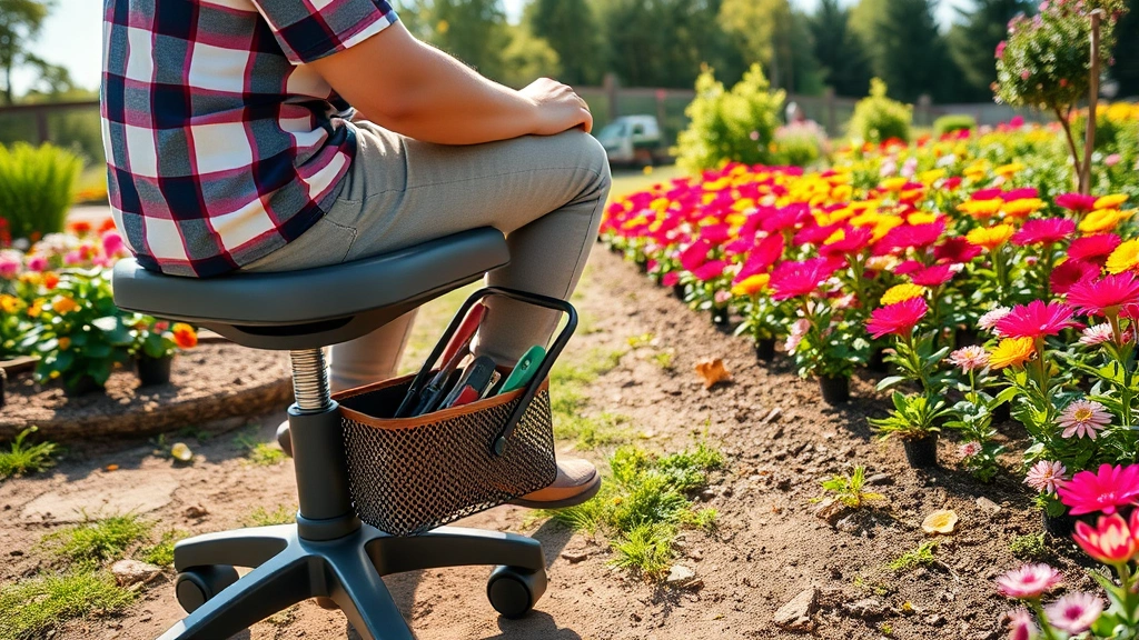 Wide-angle view of a gardener seated on a wheeled swivel stool with padded cushion, tending to colorful flower beds in bright morning sunlight, tools visible in underseat basket