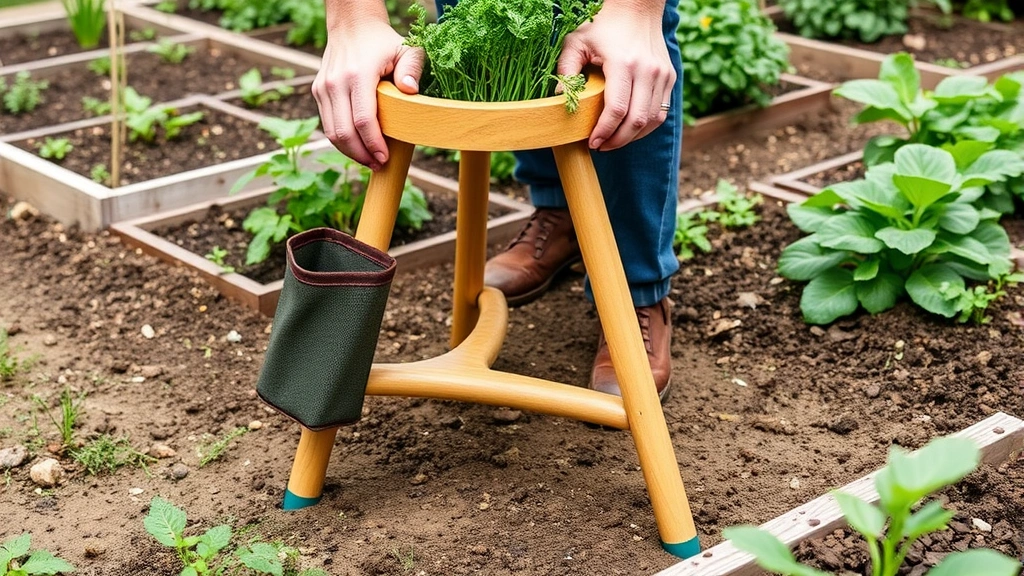 Close-up of hands using a three-legged garden stool with side storage pouches while weeding raised vegetable beds, showing stool stability on uneven garden soil
