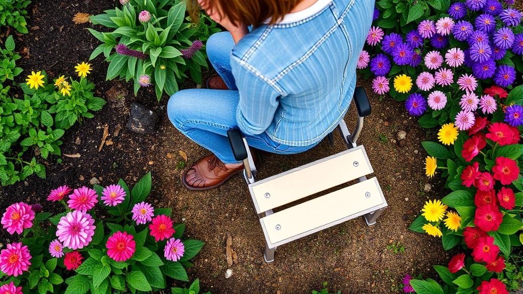 Overhead perspective of a gardener using a convertible kneeling stool with armrest handles in a mixed border garden, demonstrating dual sitting and kneeling functionality among flowering plants