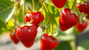 Close-up of ripe, glossy red strawberries hanging from green plants with leaves, morning dew visible on berries in natural sunlight