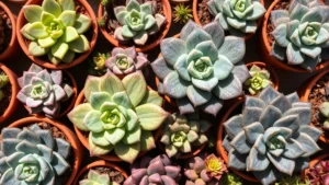 Overhead view of diverse succulent plants in terracotta pots arranged together, showing various colors from pale green to burgundy rosettes with textured leaves in bright natural sunlight