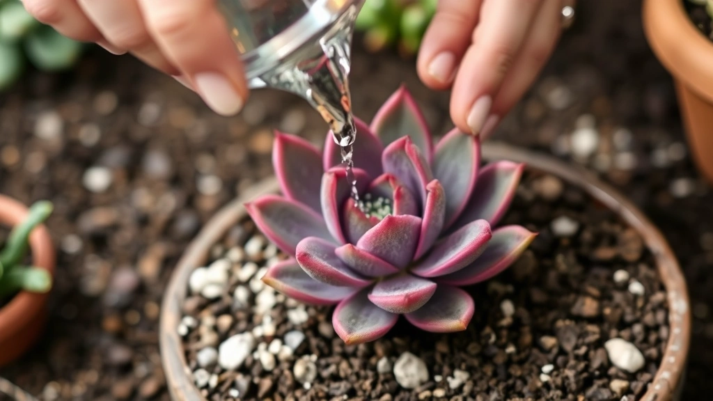 Close-up of hands pouring water at the base of a succulent plant in well-draining soil, demonstrating proper watering technique without wetting foliage