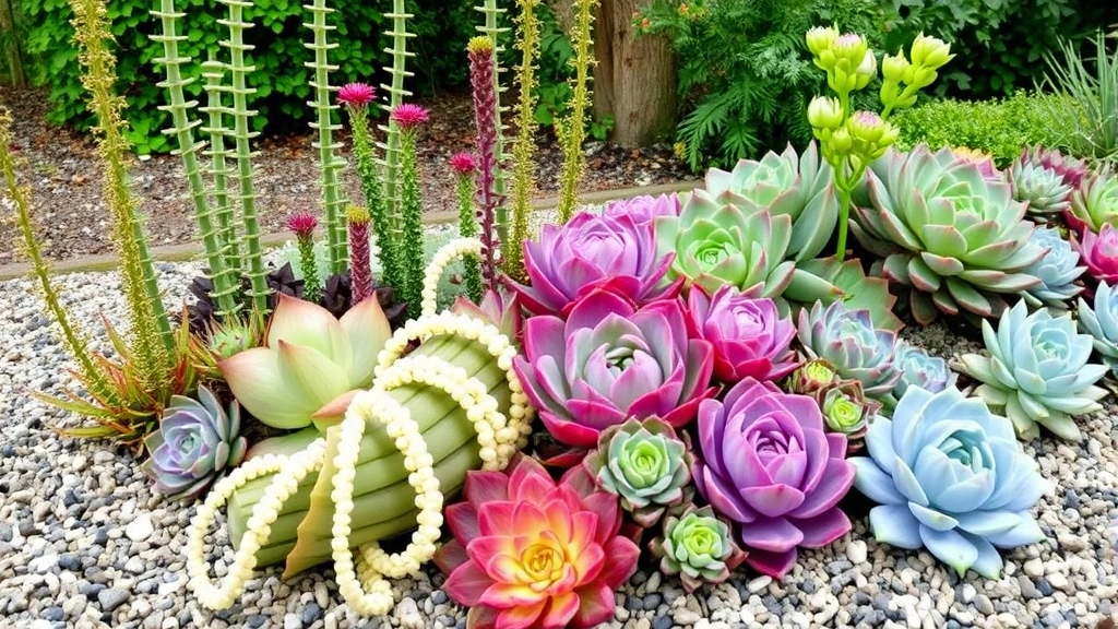Vibrant outdoor succulent garden bed with mixed varieties including tall Aeonium, trailing String of Pearls, and rosette-forming Echeveria in a landscape setting with gravel mulch