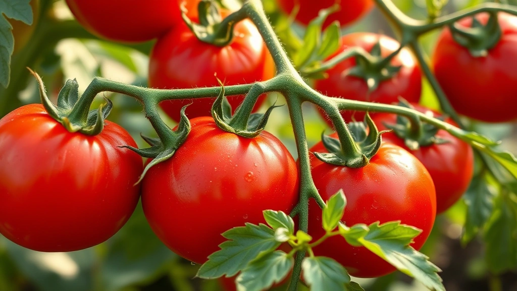 Close-up of vibrant red ripe tomatoes on the vine with green foliage, morning dew glistening, freshly harvested ready to pick, garden sunlight background