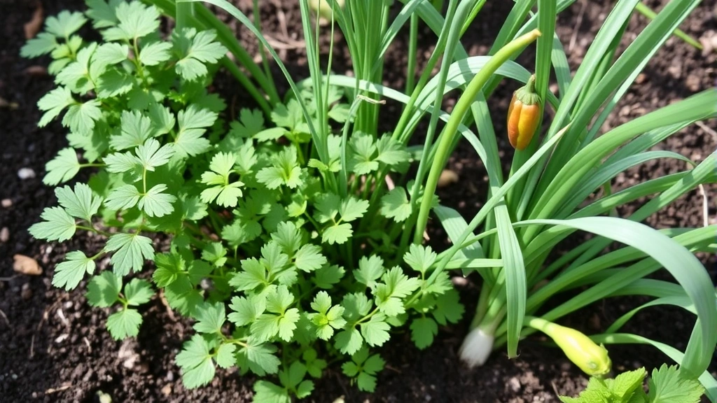 Garden bed with cilantro, green onions, and pepper plants growing together, lush green foliage, healthy soil visible, natural daylight, abundant harvest ready