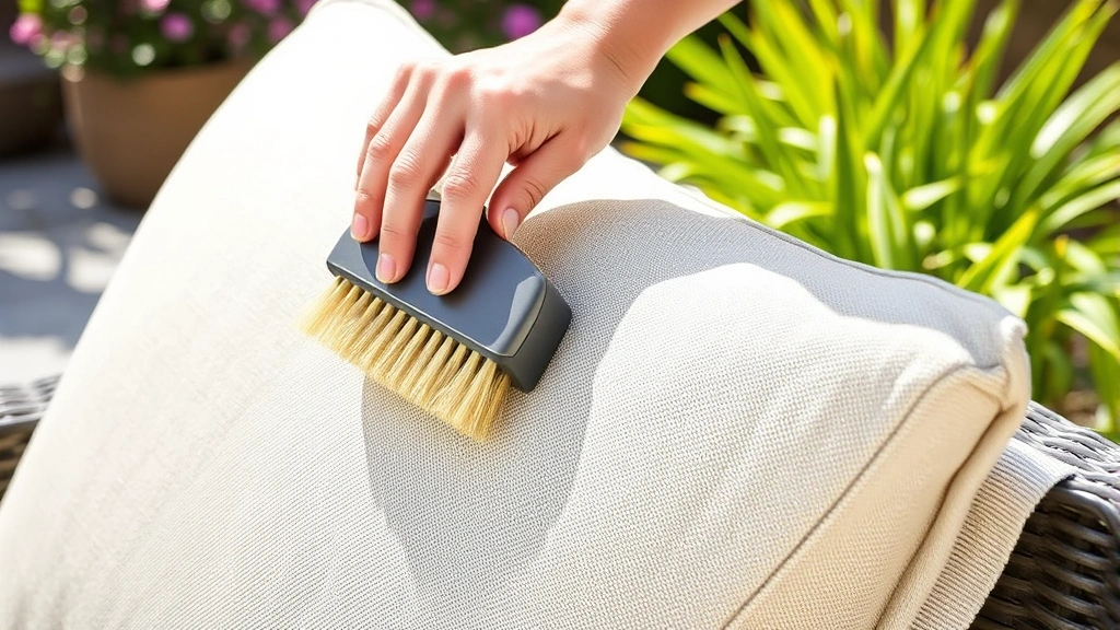 Close-up of someone gently brushing Sunbrella cushion fabric with soft-bristled brush, outdoor patio setting with plants in background, natural daylight, showing proper cleaning technique