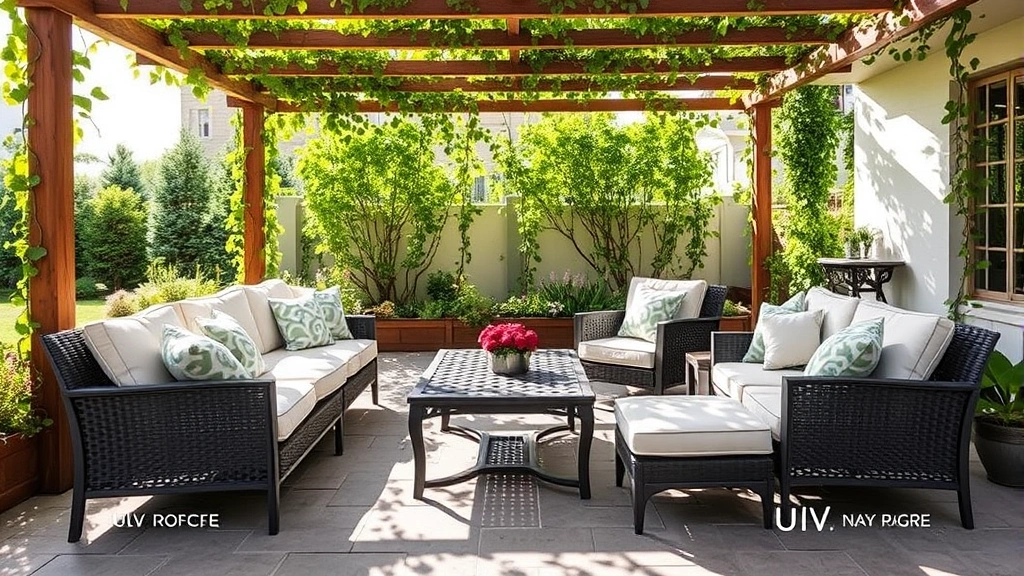 Outdoor patio furniture with Sunbrella cushions arranged under a pergola with climbing vines, morning sunlight filtering through, demonstrating UV protection positioning