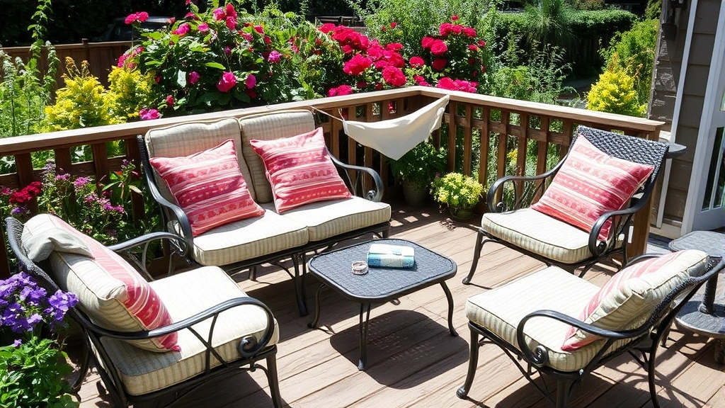 Garden furniture cushions air-drying on a sunny deck near flowering plants and garden borders, breeze-blown fabric, showing proper drying technique in natural setting