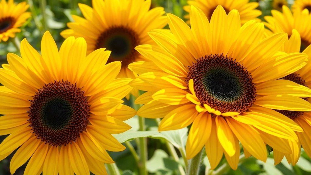 Close-up of vibrant golden sunflower blooms with dark centers in full bloom, morning sunlight, garden background, multiple flowers at different angles showing petals and stamens