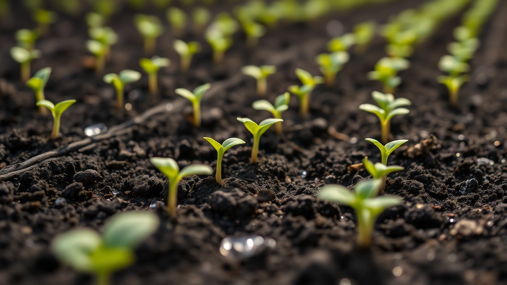 Sunflower seedlings emerging from dark soil in garden bed, rows of small green shoots, morning dew visible, soft natural light, shallow depth of field focusing on new growth