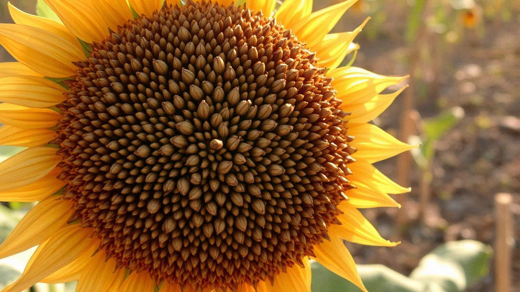 Harvested sunflower seed head showing mature brown seeds ready for collection, close-up detail of dried flower head texture, warm afternoon sunlight, rustic garden setting with harvesting cloth