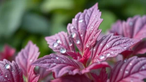 Close-up of fresh shiso leaves with purple-tinted foliage glistening with morning dew, showing detailed leaf texture and serrated edges against blurred green background