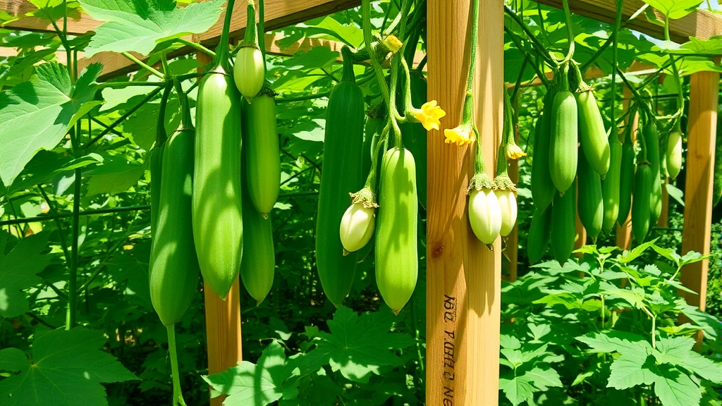 Japanese cucumber varieties growing on wooden trellis in lush garden bed, with thin pale green fruits and yellow flowers visible, dappled sunlight filtering through leaves