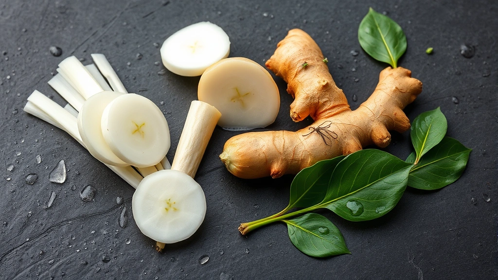 Harvested sushi garden ingredients artfully arranged: fresh daikon radish slices, wasabi rhizome, ginger root, and green shiso leaves on dark slate surface with water droplets