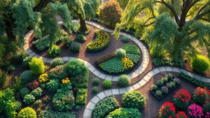 Aerial view of a lush community garden with diverse flowering plants, vegetable beds, winding paths, and mature trees creating natural canopy, morning sunlight filtering through leaves, vibrant greens and colorful blooms