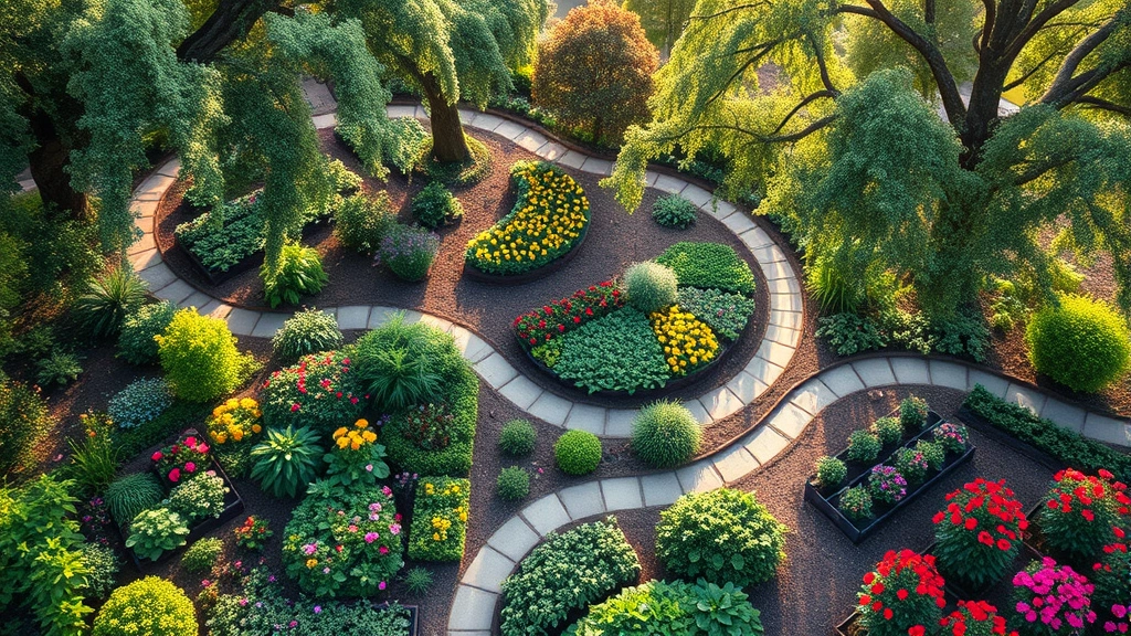 Aerial view of a lush community garden with diverse flowering plants, vegetable beds, winding paths, and mature trees creating natural canopy, morning sunlight filtering through leaves, vibrant greens and colorful blooms