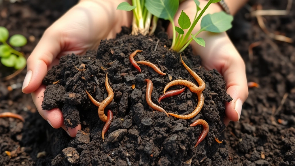Close-up of rich dark garden soil with visible organic matter, earthworms, and decomposing compost, hands holding nutrient-dense earth, healthy root systems visible, natural morning light