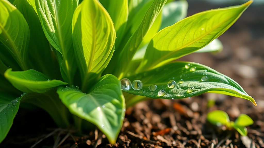 Close-up of a healthy green plant with vibrant foliage and visible water droplets on leaves, morning dew, natural sunlight filtering through, rich soil visible at base of plant, photorealistic botanical detail
