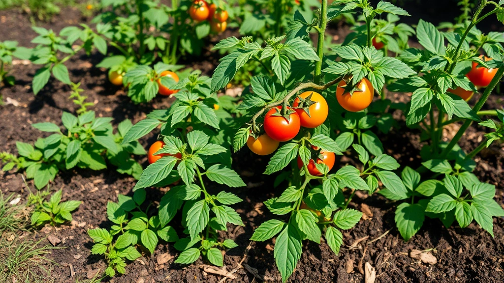Wide shot of a thriving vegetable garden bed with multiple plants growing, tomatoes on vine, leafy greens, healthy soil mulched with organic material, natural garden setting, bright daylight, no text or signs