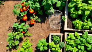 Overhead view of a vibrant vegetable garden with tomato plants staked, lettuce rows, and herb pots including mint and basil in raised beds on a sunny afternoon