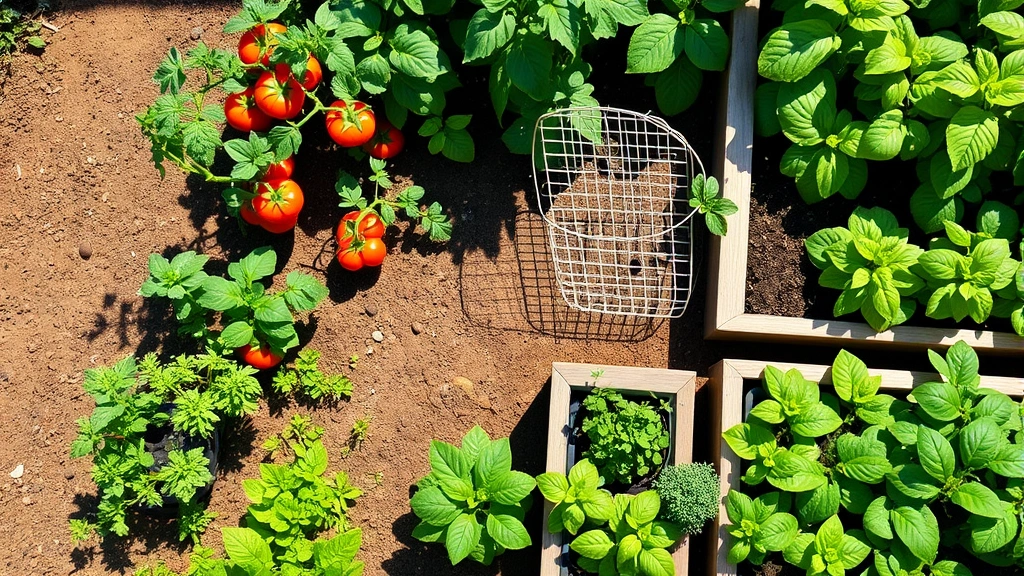 Overhead view of a vibrant vegetable garden with tomato plants staked, lettuce rows, and herb pots including mint and basil in raised beds on a sunny afternoon